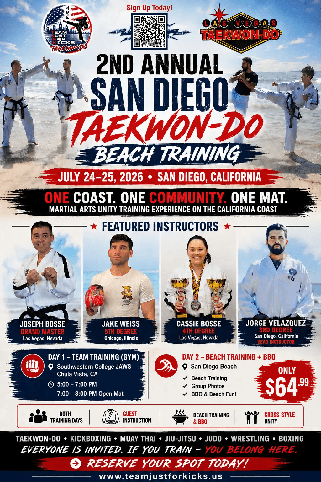 Flyer for the 2nd Annual San Diego Taekwon-Do Beach Training event on July 24 and 25, 2026