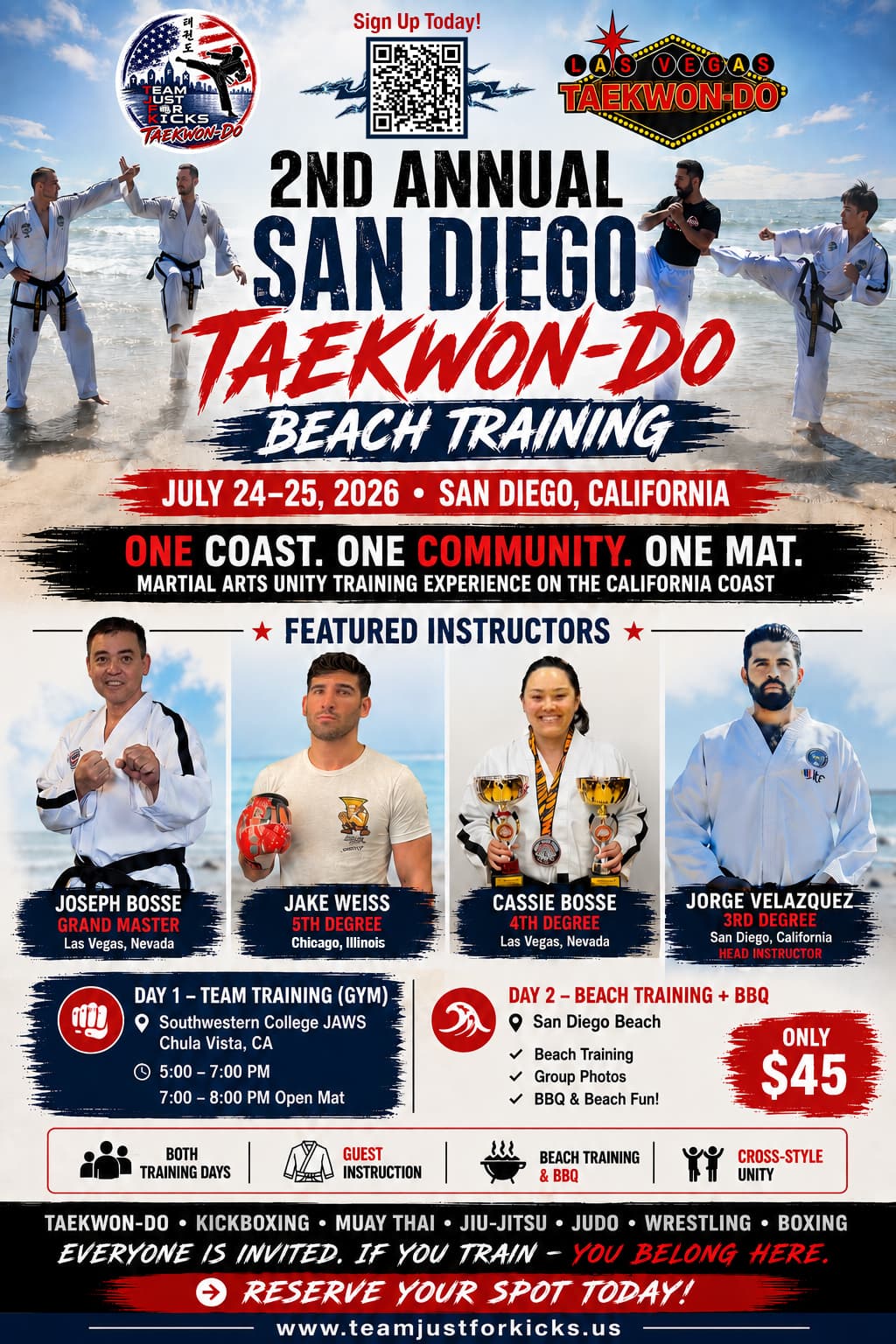 Flyer for the 2nd Annual San Diego Taekwon-Do Beach Training event on July 24 and 25, 2026
